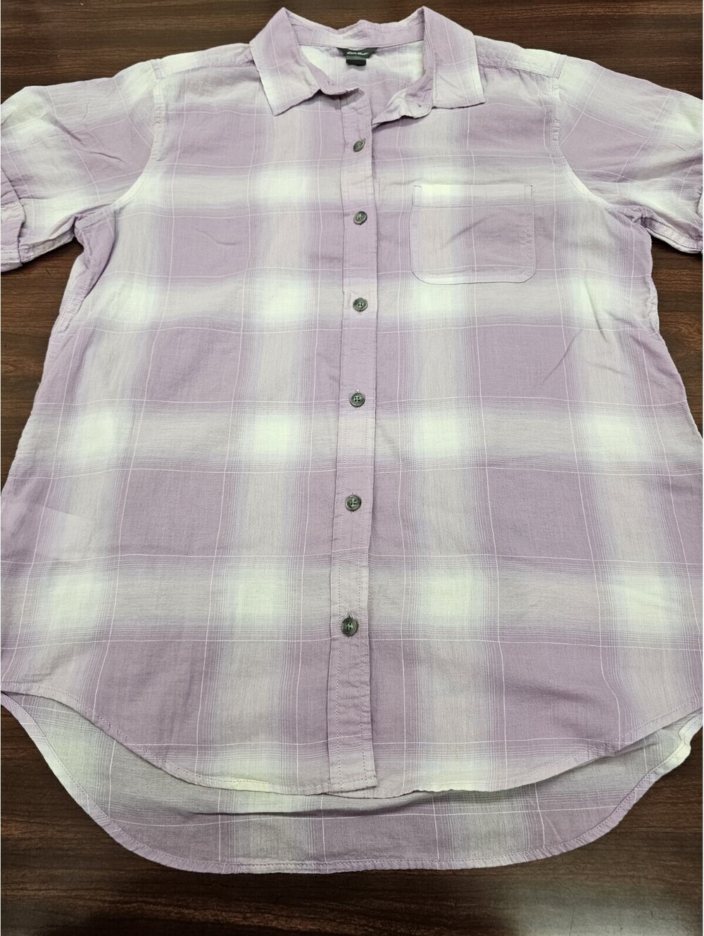 Eddie Bauer Womens M Button Up Shirt Purple Plaid Cotton Lightweight Casual Top